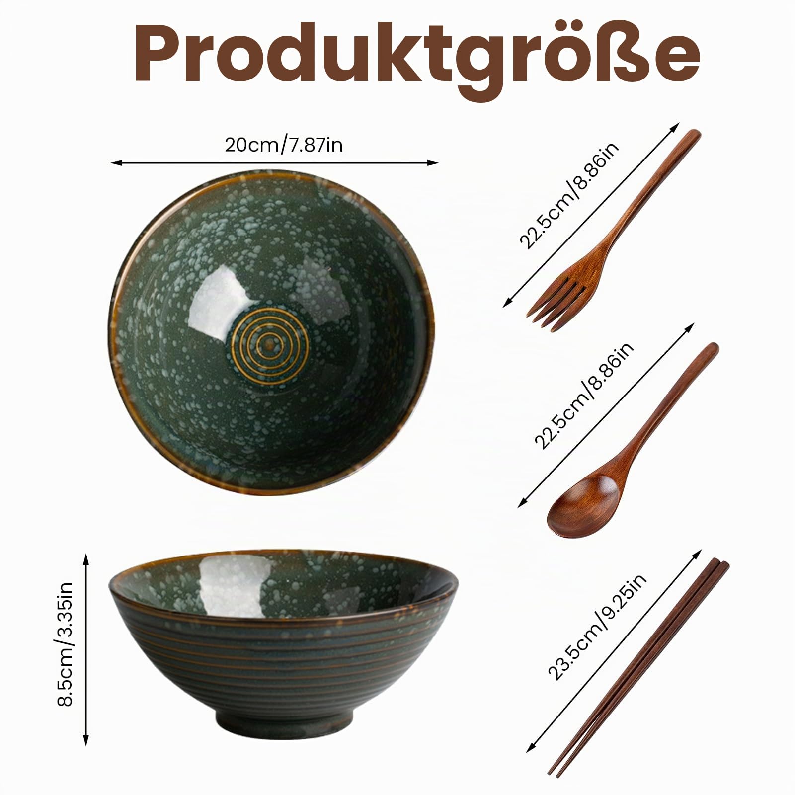 2 Stück Suppenschüssel mit Essstäbchen, Gabel und Löffeln, 1200ml Ramen Schüssel Set, Salatschüssel aus Keramik für Udon Asian Nudeln, 20cm Große Schüssel (Grün)