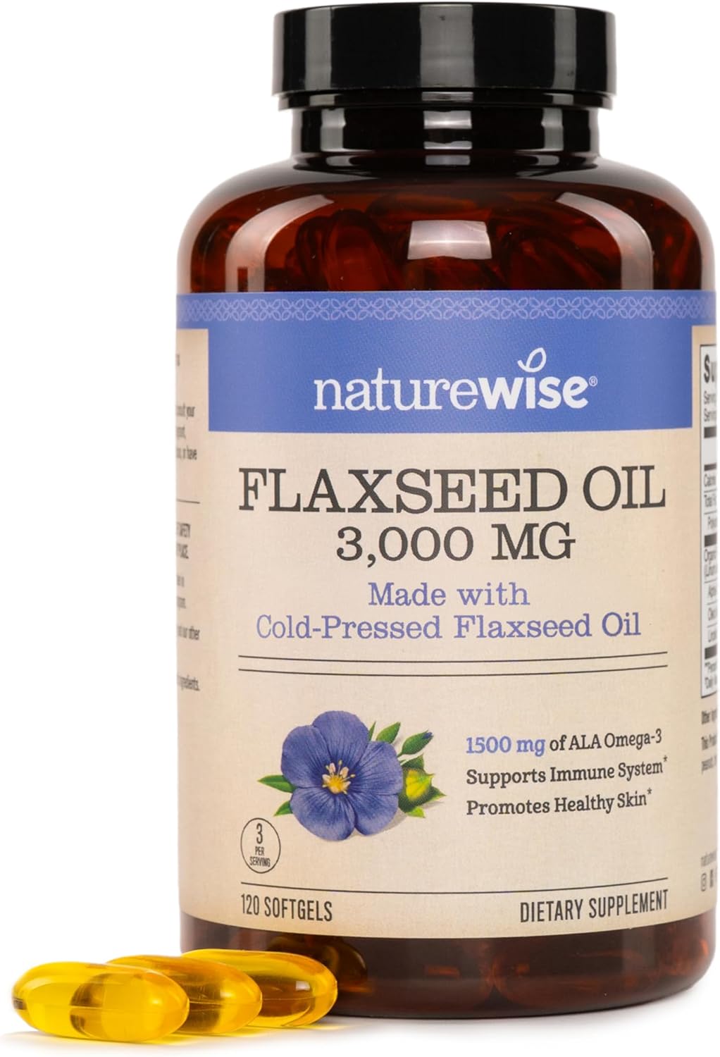 NatureWise Flaxseed Oil 3000 mg, Fish Free Omega 3 with 1500 mg ALA, Dietary Supplement for Immune Health Support - Organic, Cold Pressed, Non-GMO - 120 Softgels[40-Day Supply]