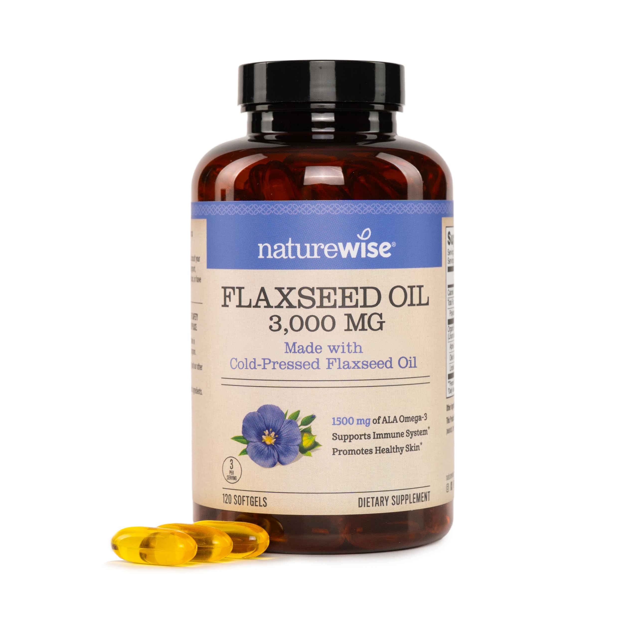 NatureWise Flaxseed Oil 3000 mg, Fish Free Omega 3 with 1500 mg ALA - Plant Based Omega 3 6 9 Supplement - Organic, Cold Pressed, Non-GMO - 120 Softgels[40-Day Supply] 120 Count (Pack of 1)