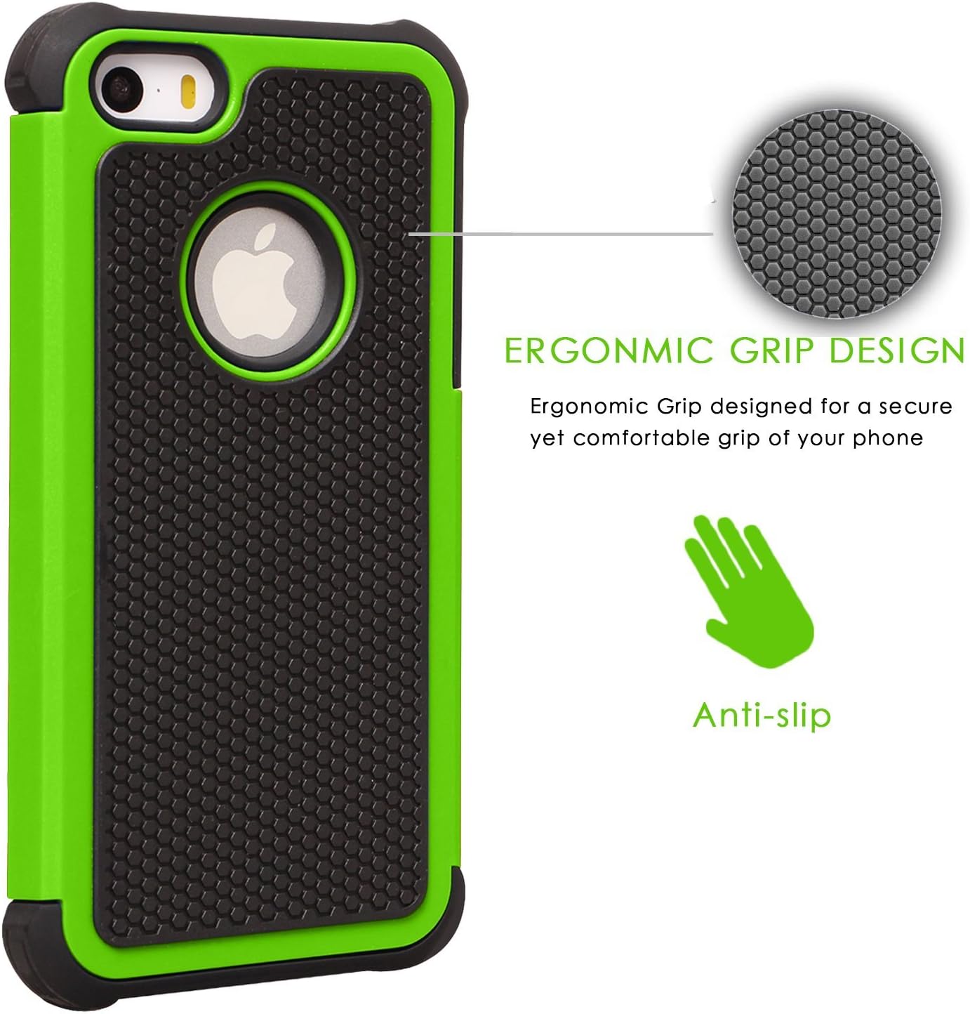 iPhone SE Case, iPhone 5S Case, iPhone 5 Case, BAROX Hybrid Dual Layer Shock Absorbing Armor Defender Protective Case Cover (Hard Plastic with Soft Silicon) for Apple iPhone 5/5S/SE (Black-Green)