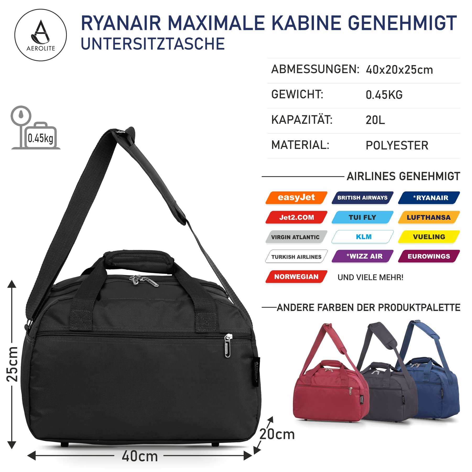Aerolite Gepäck- Handgepäck, , Schwarz - Image 2