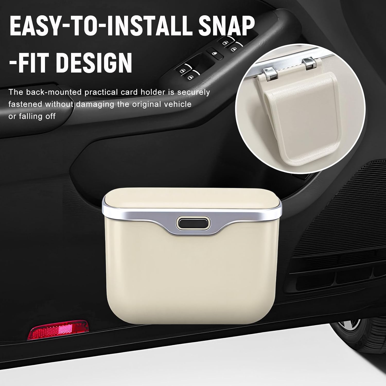 Car Trash Can with Lid, Hanging Leakproof Garbage Container Storage Box for Side Door Back Seat, Mini Waterproof Dustbin Multipurpose Storage Organizer for Car Home Office (Beige)