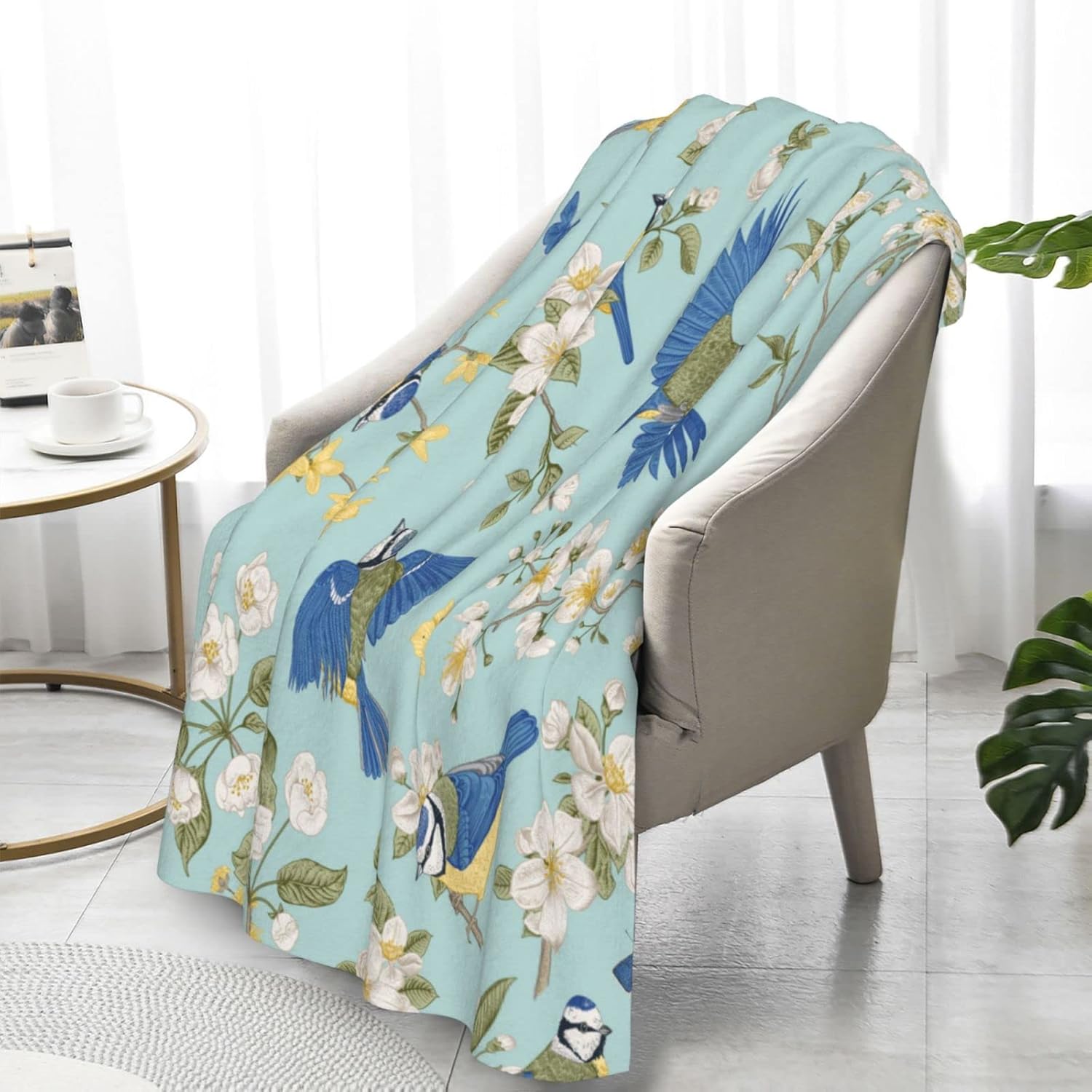 Wozukia Tits and Blooming Trees Super Soft Blanket Blue