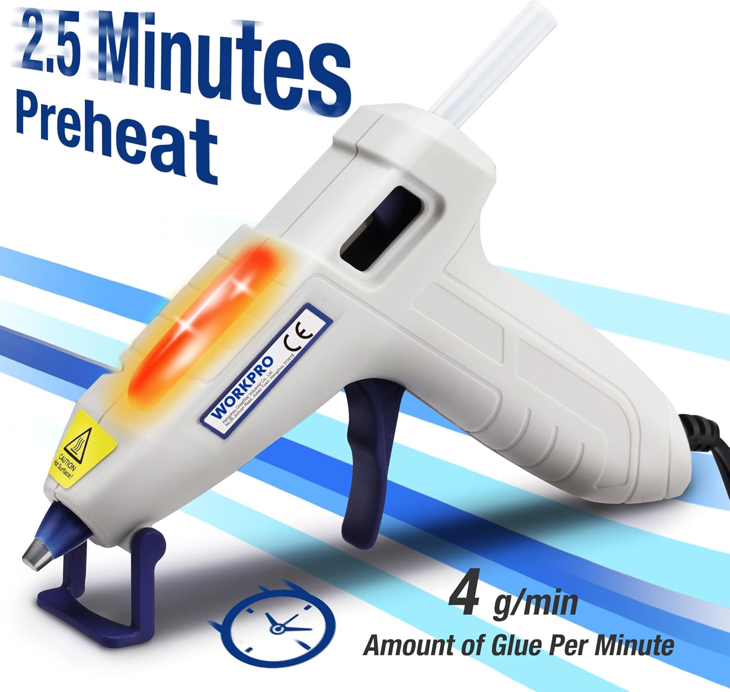 Image of the WORKPRO Mini Hot Glue Gun with an overlay indicating '2.5 Minutes Preheat' and '4 g/min Amount of Glue Per Minute'. The heating element area is highlighted with a red glow.
