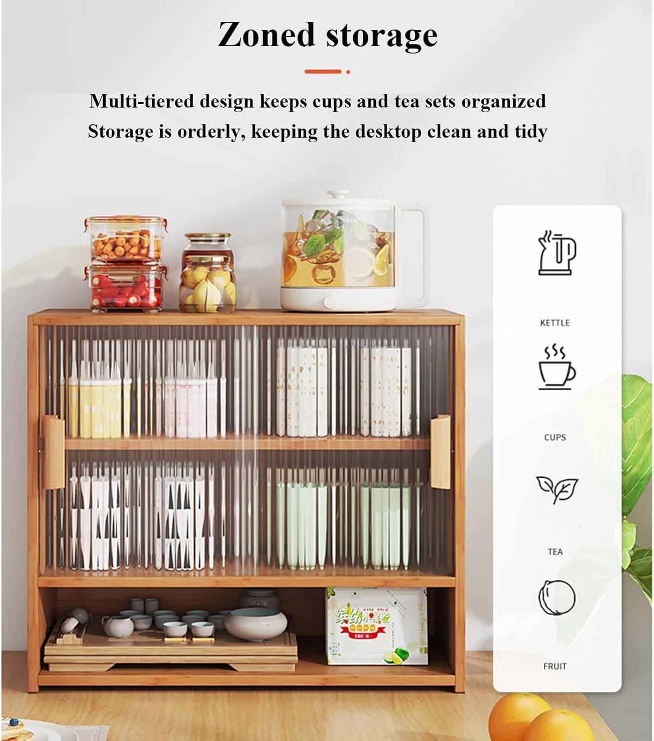 2 Tier Coffee Station Organizer, Sliding Acrylic Door Wooden Mug Holder Countertop, Storage Cabinet with Metal Handles, for Home Office(Wood,3 Layers)