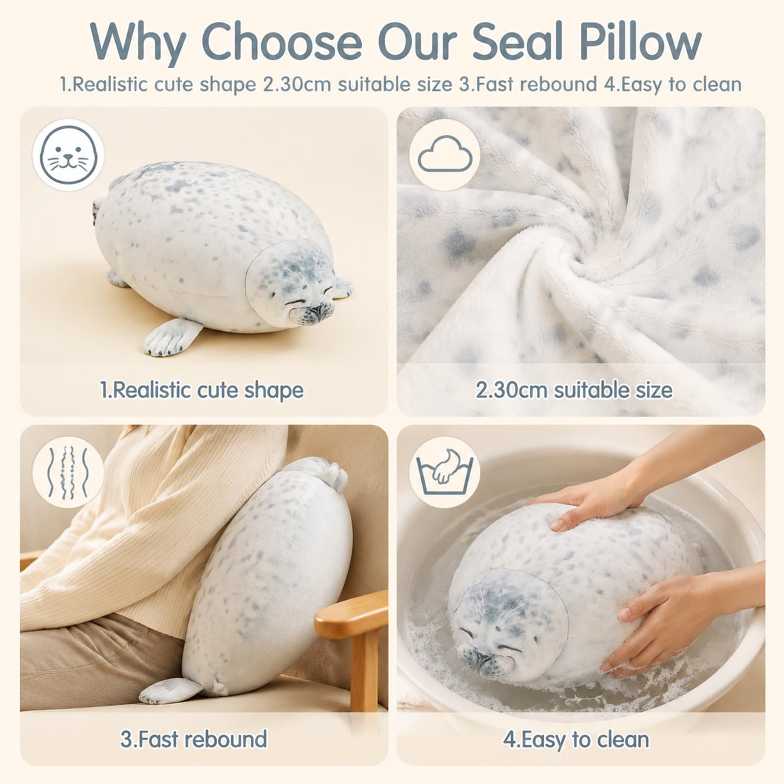Dei tkeyts Seal Plush Hugging Pillow, Cotton Stuffed Animals Plush Toy, White - Image 6