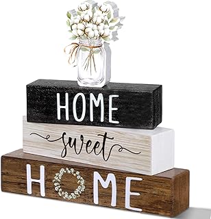 4 Pcs Farmhouse Wooden Table Decor Rustic Tiered Tray Decor Cotton Spring Home Sweet Home Art Wood Block Centerpiece for Kitchen Coffee Shelf Country Aesthetic College Teen