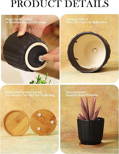 Miniatura 7 de OMAYKEY Macetas de 4.5 pulgadas con platillo, macetas de cerámica negra con orificio de drenaje y almohadillas de malla para suculentas, cactus,