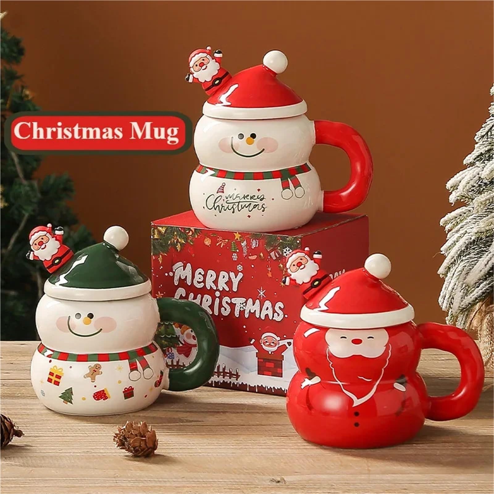 400ML Keramik Becher Weihnachten Schneemann Weihnachten Tasse Mit Deckel Griff Paar Milch Kaffee Tasse for Zuhause für Kaffee(Green02)