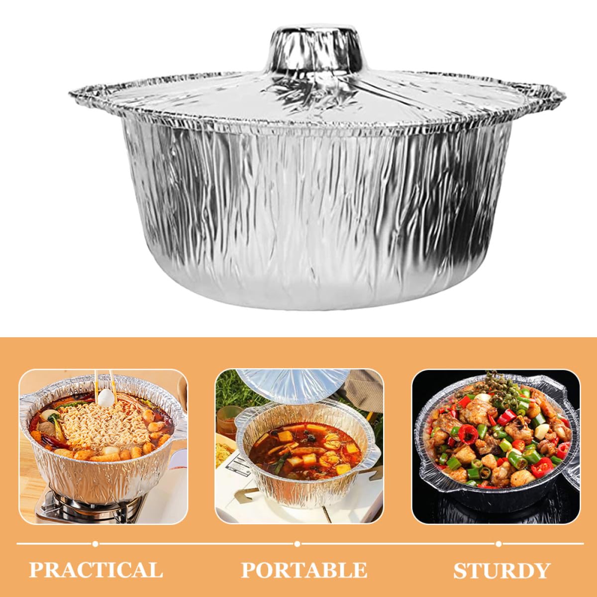 Lot de 8 Marmites Aluminium Jetables 2000 Ml avec Couvercles, Rondes, Légères et Recyclables, pour Camping, Barbecue, Cuisson Four et Réchauffage Rapide