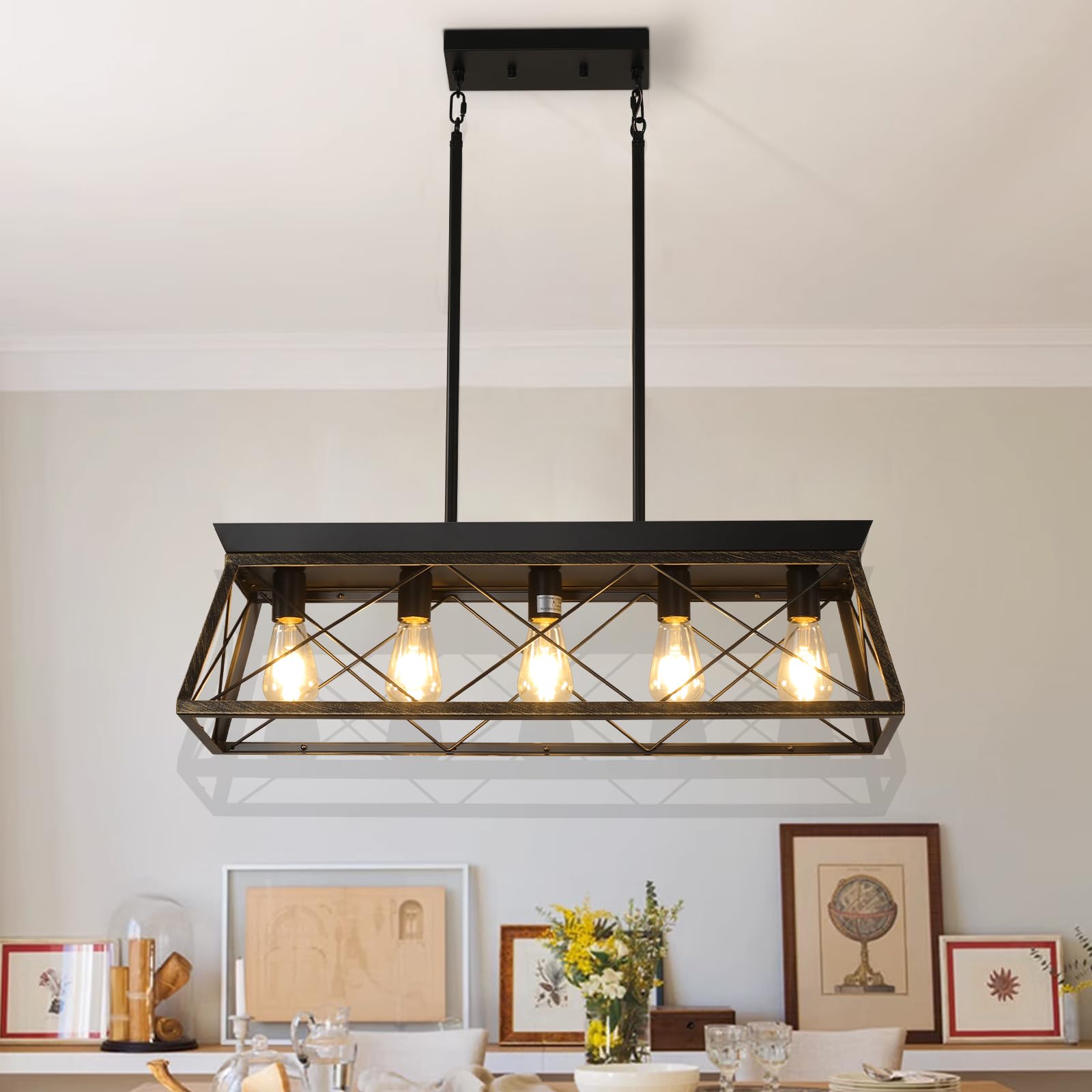 32" x 10" x 9" 5-Lights Farmhouse Linear Chandelier, Rectangular Fixtures Chandelier Kitchen Light, Rural Linear Pendant Light for Dining Room Living Room (Black Stripe)