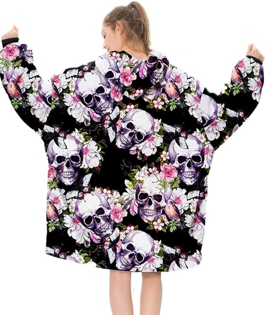 Wearable Hoodie Blanket Super Soft Warm Giant Hoody Oversized Comfy Flannel Lazy TV Blanket Thicken Skull Pullover Hooded Sweatshirt Nightgown with Big Pocket for Adults Men Women
