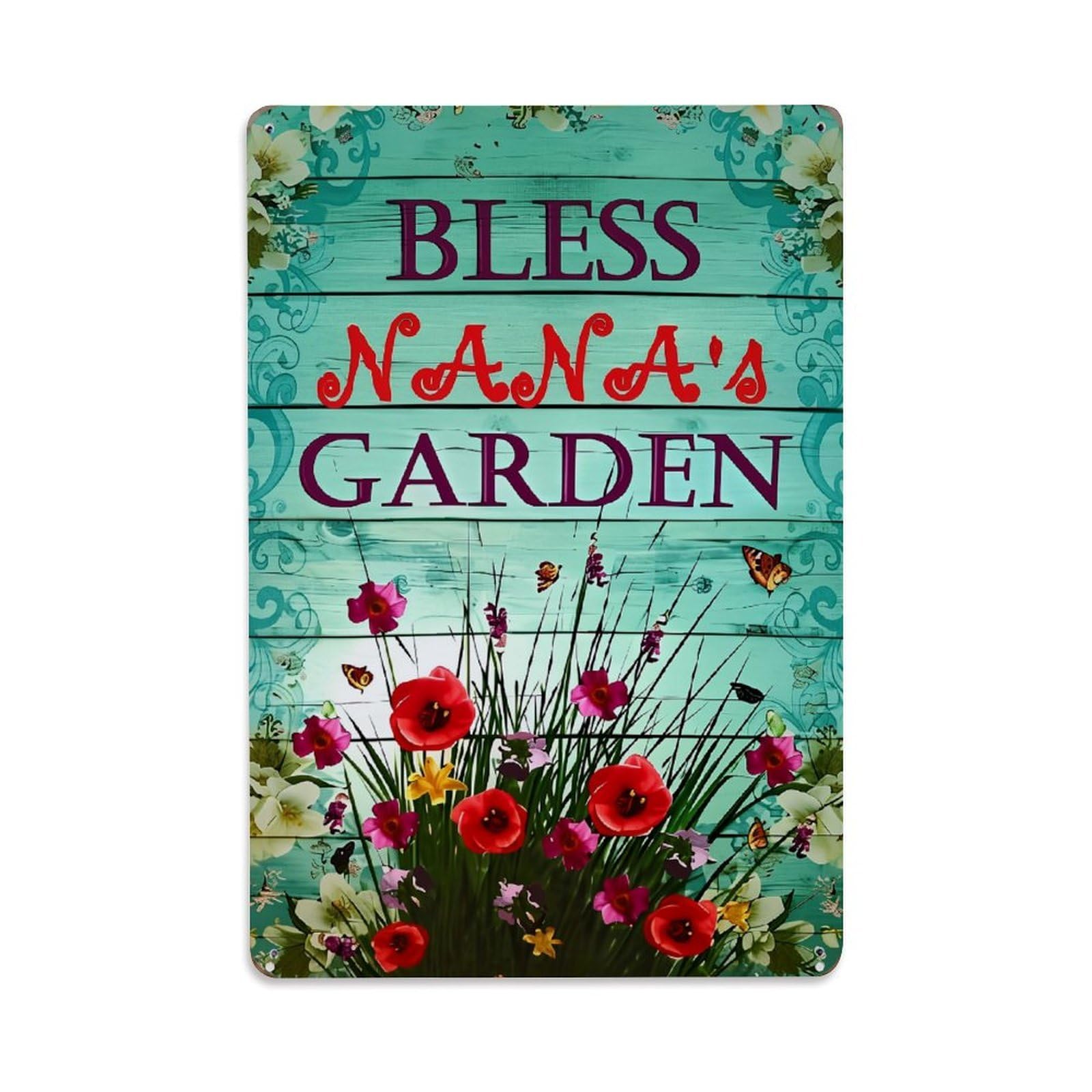 Jdfenggu Vintage Bless Nana S Garden Flowers Retro Metal Tin Sign, Metal Poster For Bar, Home, Man Cave, Kitchen, Laundry Room Art Decor 8X12 Inch