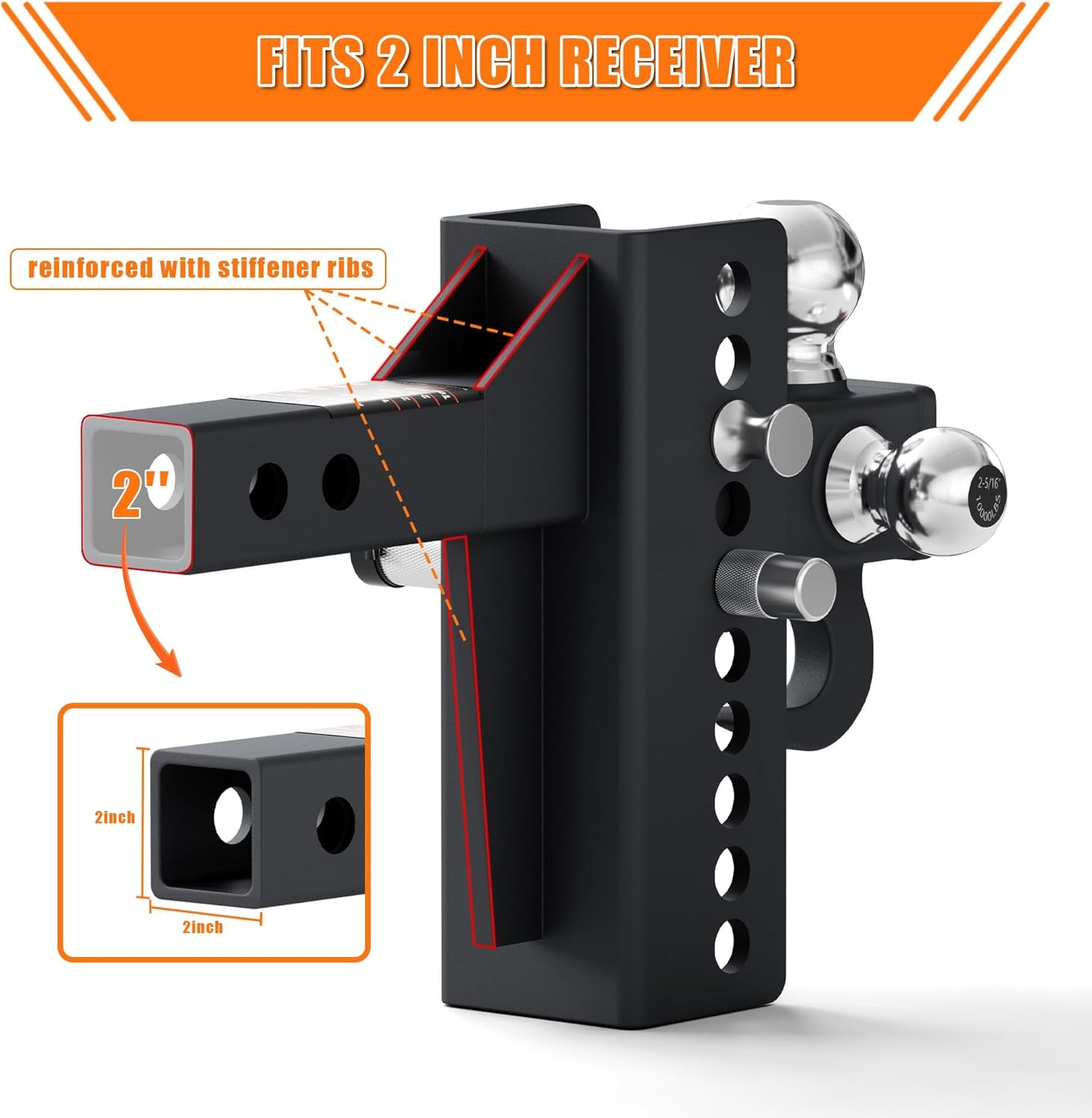 AC-DK Adjustable Trailer Hitch Tri Ball Mount with Tow Hook, Fits 2-Inch Receiver, 4-1/2 Inch Rise/Drop, Includes 1-7/8", 2", & 2-5/16" Balls, Heavy-Duty Design with Lock and Pins