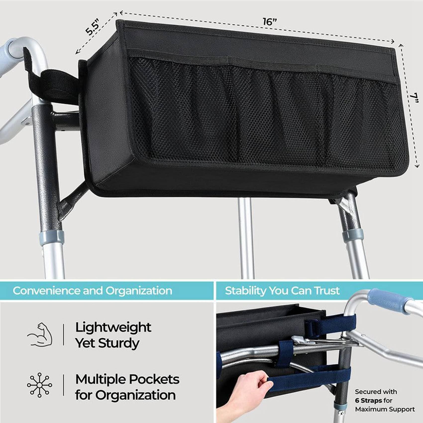 2X Cesta para Andador, Bolsa para Andador, Portavasos para Andador, Cesta para Andador Plegable, Bolsa de Almacenamiento para Andador Plegable
