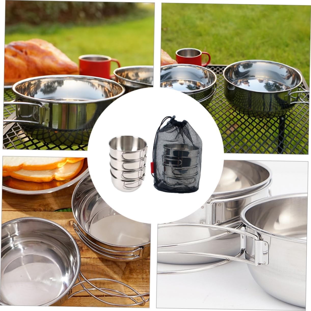 Hemoton Portable Folding Bowls Set Storage Bag Stainless Steel Bowls for Camping Hiking Outdoor Activities