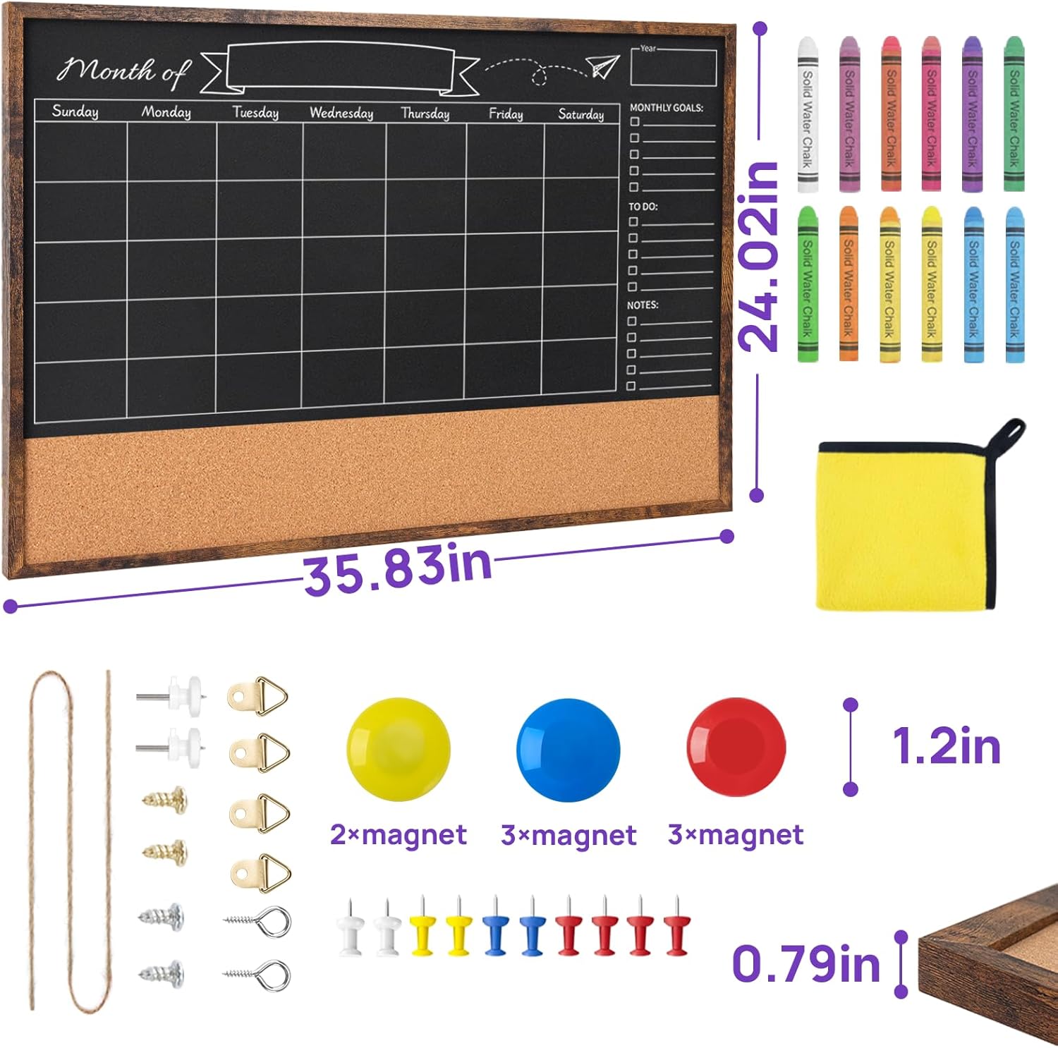 Magnetic Chalkboard Calendar 24x36 Inches, Framed Chalk Board for Wall Organization, Planning/School Timetable/Memo, Hanging Magnetic Surface for Office, School, Home