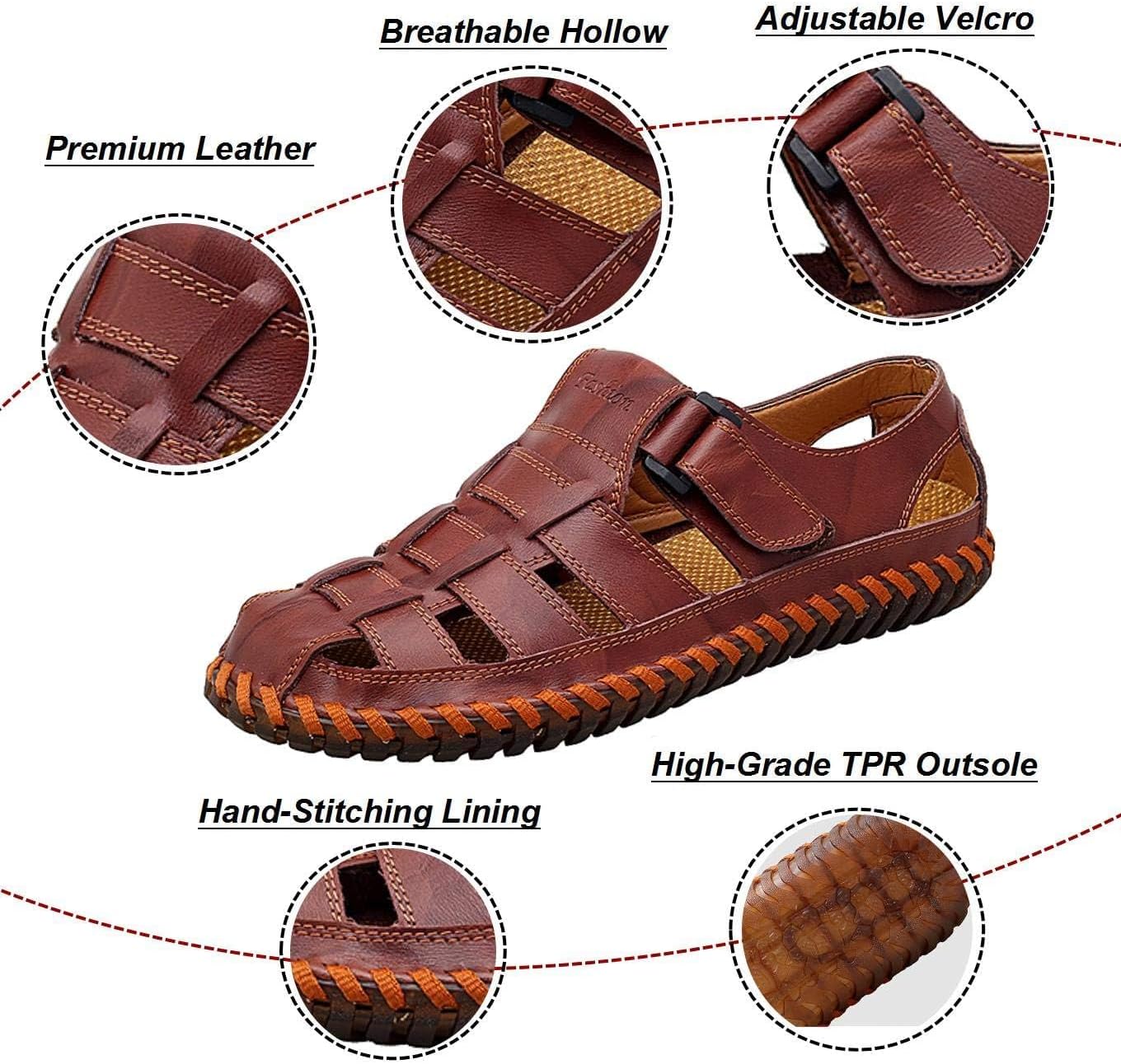 Moodeng Mens Sport Sandals Closed Toe Outdoor Fisherman Shoes Leather Summer Beach Loafters Breathable Anti-Slip - Image 4