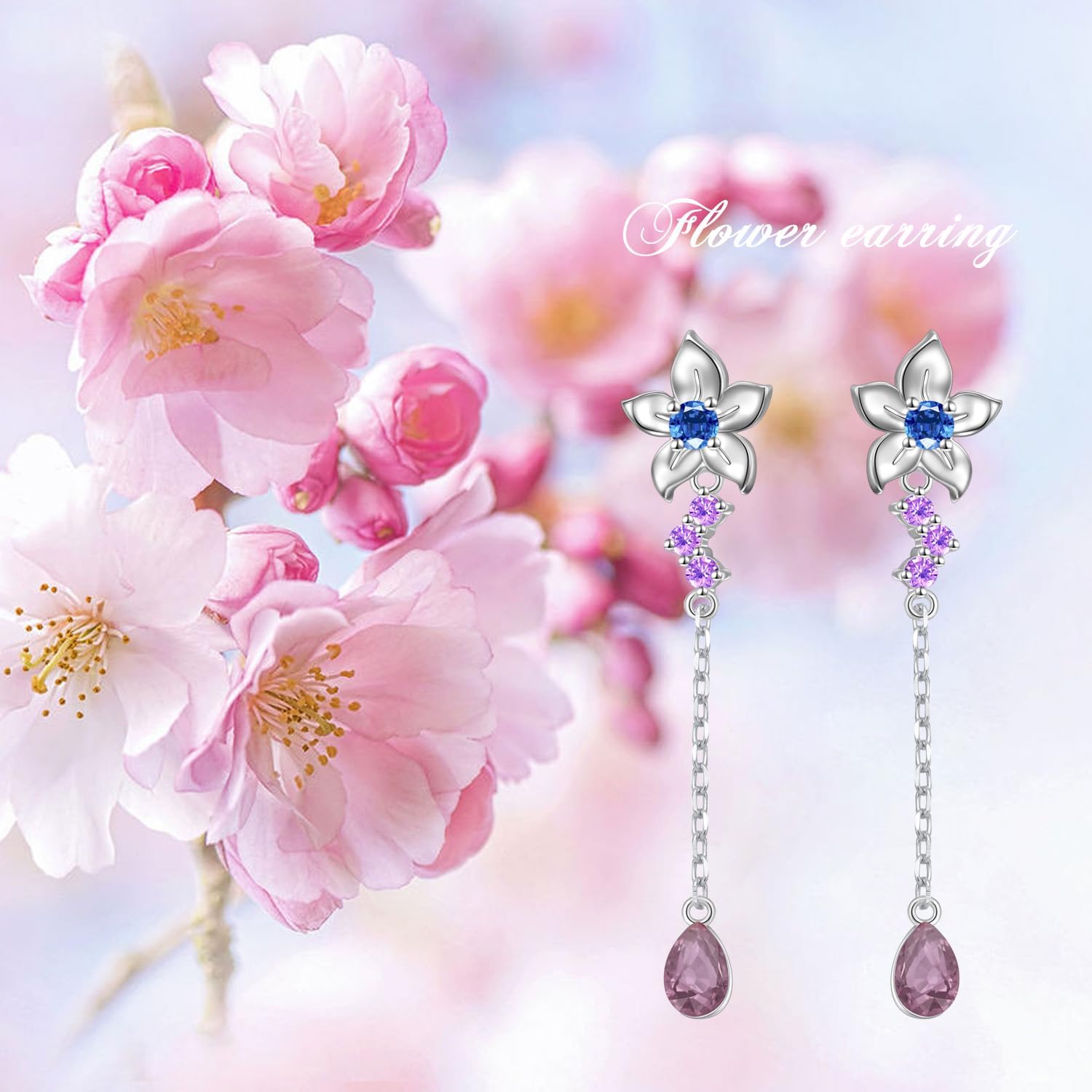 Sterling Silver Threader Earrings with Birthstone Flower earrings dangle Tassel Long Charm Drop Dangle Earrings Jewelry Gifts for Women Girls