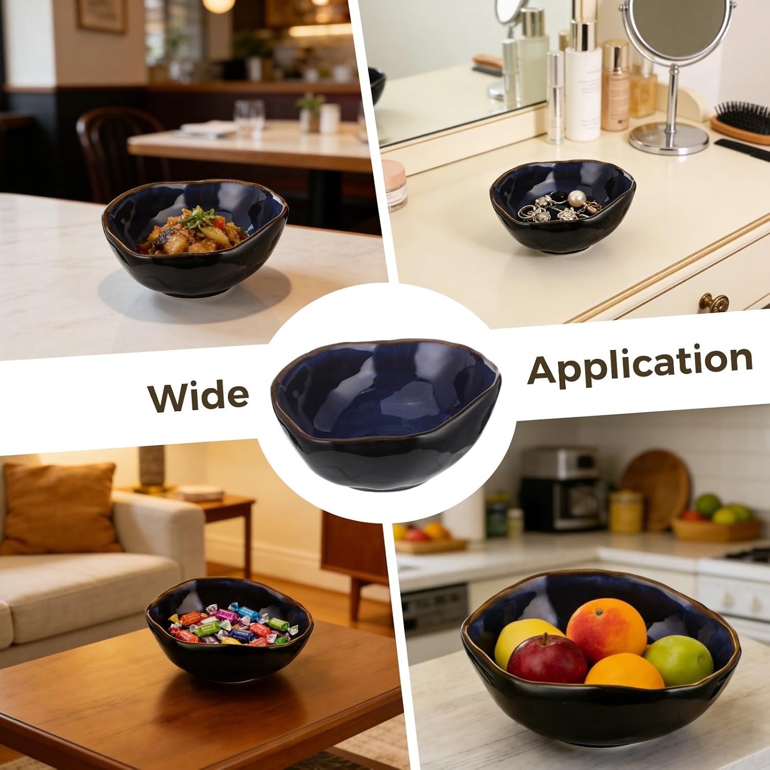 Ceramic Decorative Bowl, 6.1 in Irregular Blue Glazed Key Bowl, Jewelry Trinket Dish, Candy Plate, Fruit Salad Serving Vessel for Kitchen Counter, Entryway & Living Room, Microwave and Dishwasher Safe