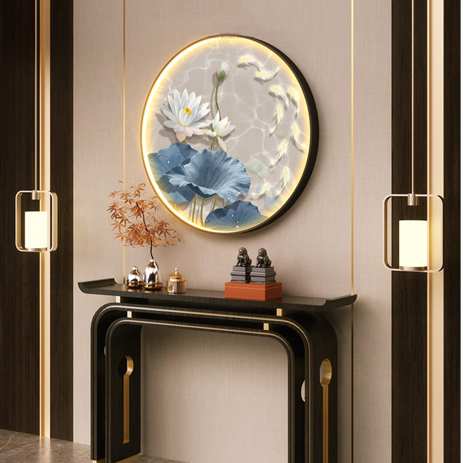 Labasuan 3D Lotus Sculpture Decoration with Lights, Round Lotus Koi Fish LED Wall Art, Aluminum Frame Hanging Painting, Modern Wall Lamp for Living Room Bedroom Entryway(60cm/23.6in)