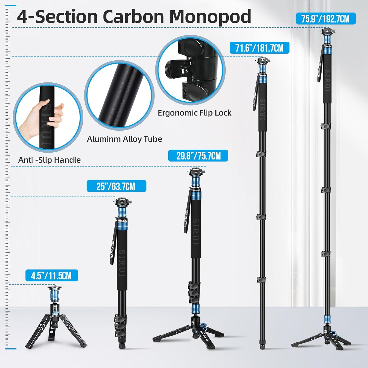 SIRUI 75.8" Monopod with Feet, Professional Aluminum Travel Monopod for Cameras with Quick Release Plate, Max Load 33lbs, Compatible with Sony Canon Nikon DSLR Camera, AM-404FL+QC-55