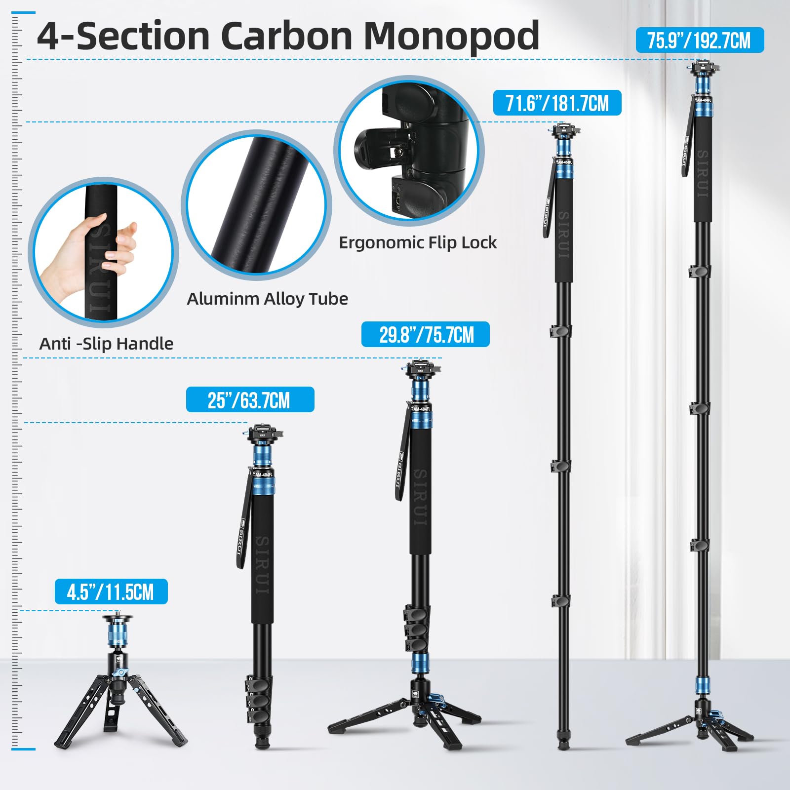 SIRUI Aluminiowy monopod ze stopkami, kompaktowy profesjonalny monopod 192,5 cm do aparatów, obsługuje do 15 kg, kompatybilny z Sony, Canon, Nikon DSLR, AM-404FL+QC-55