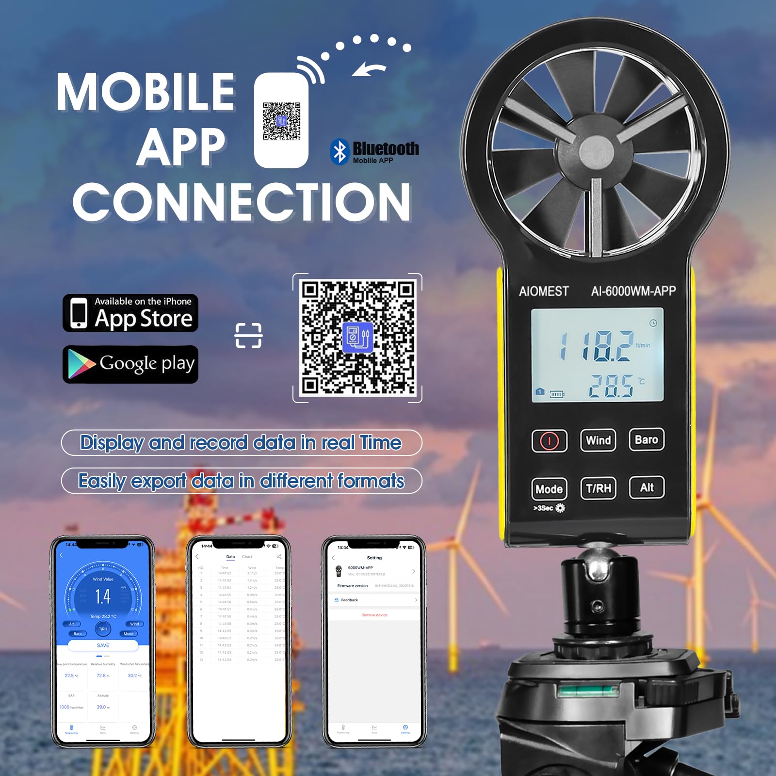 AIOMEST 6000WM-APP Anemometro Digitale Palmare Anemometro Vento CFM Misuratore di Velocità del Vento con MAX/MIN/AVG per Tester Velocità Vento Temperatura Temperatura Vento Chill, HVAC