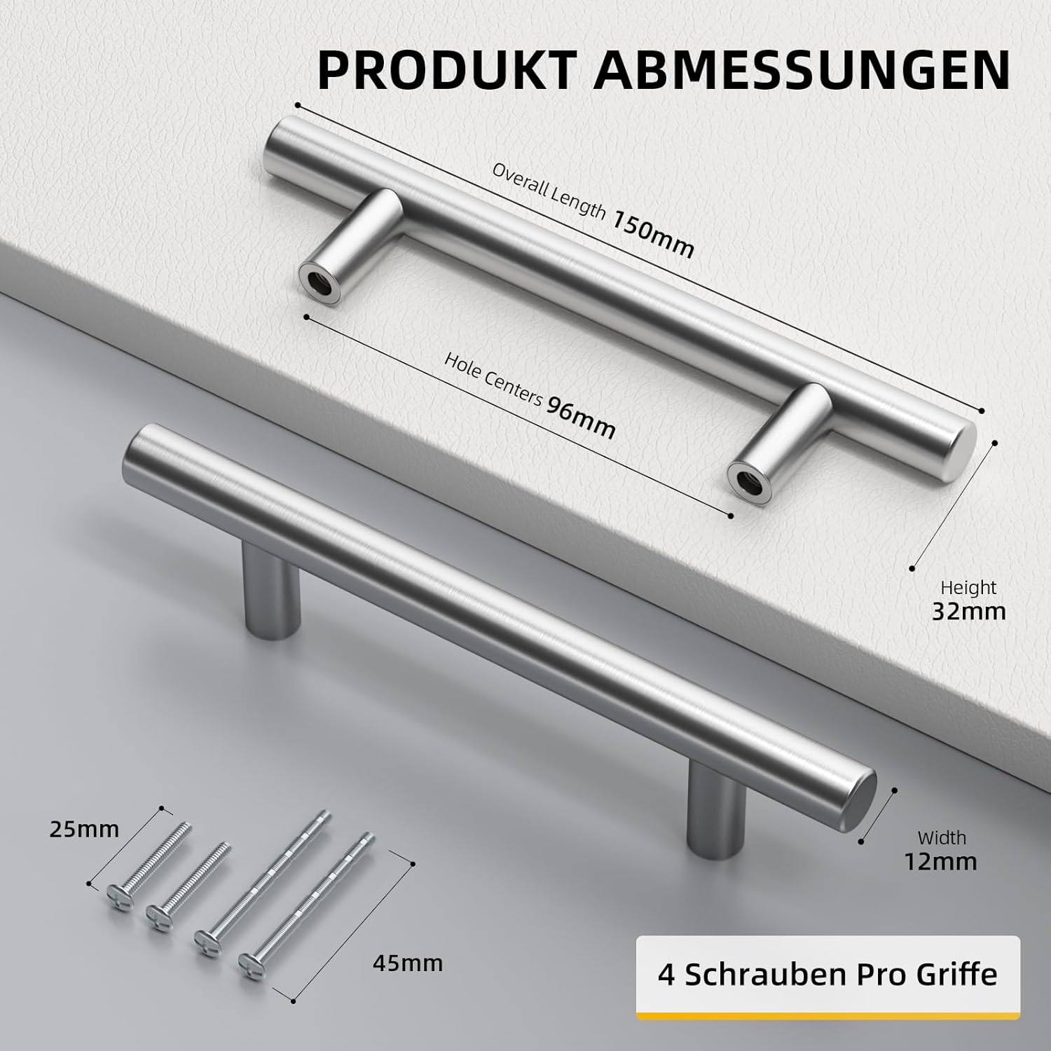 goldenwarm Furniture Handles, Bar Handles, Door Handles, Stainless Steel, Hole Spacing 96 mm, Modern Kitchen Handles, Drawer Cupboard Handle, Pack of 10