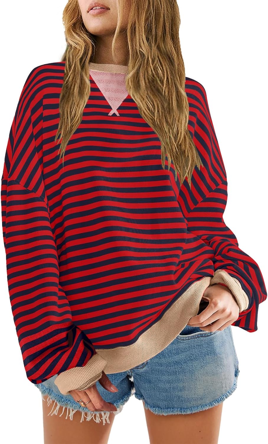 SENSERISE Womens Oversized Classic Striped Crewneck Sweatshirts Long Sleeve Color Block Shirts Casual Tops