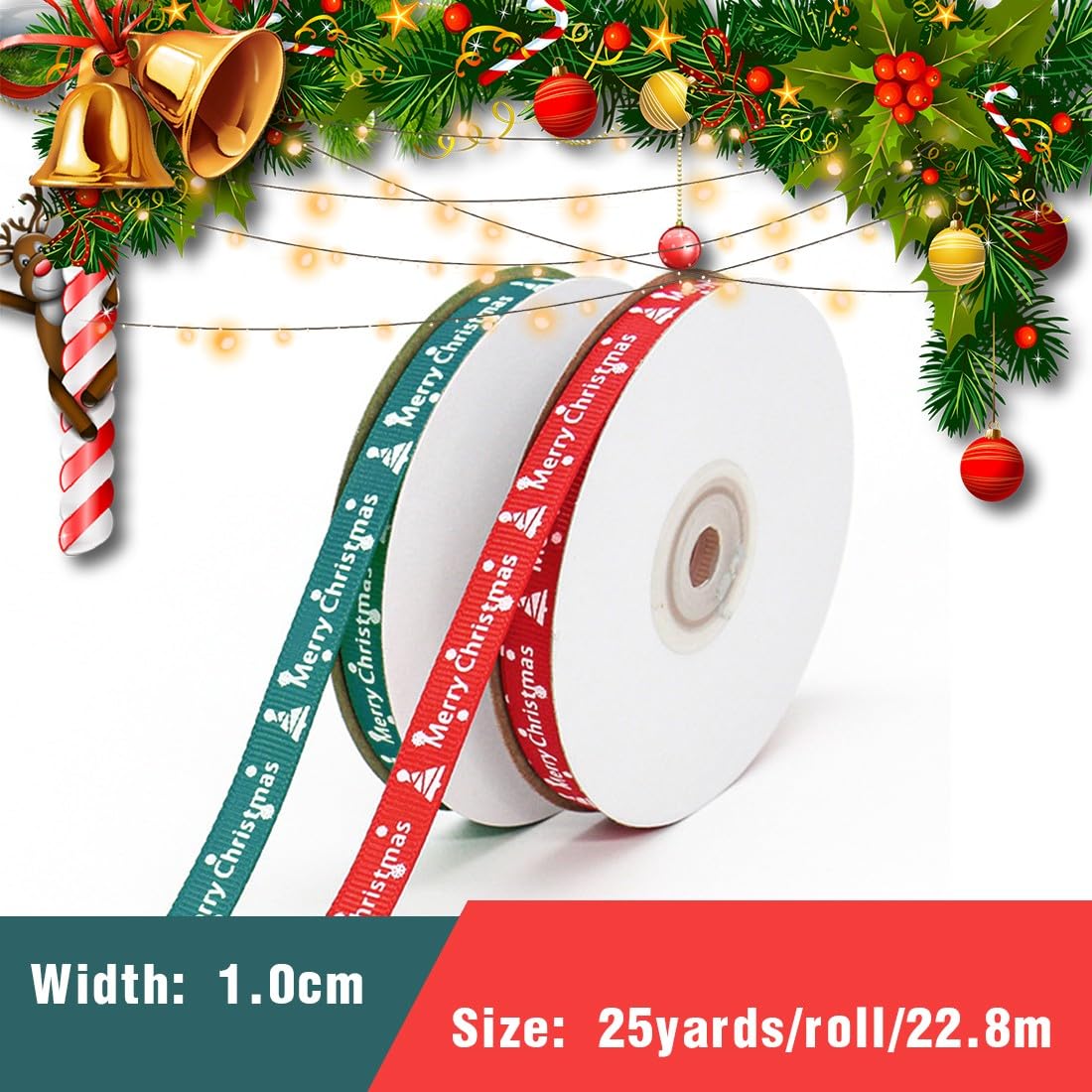 2 Rotoli Di Nastro Natalizio Rosso E Verde | 1cm X 25 Yards | Con Motivo Alberello | Per Regali E Decorazioni Fai Da Te - 3