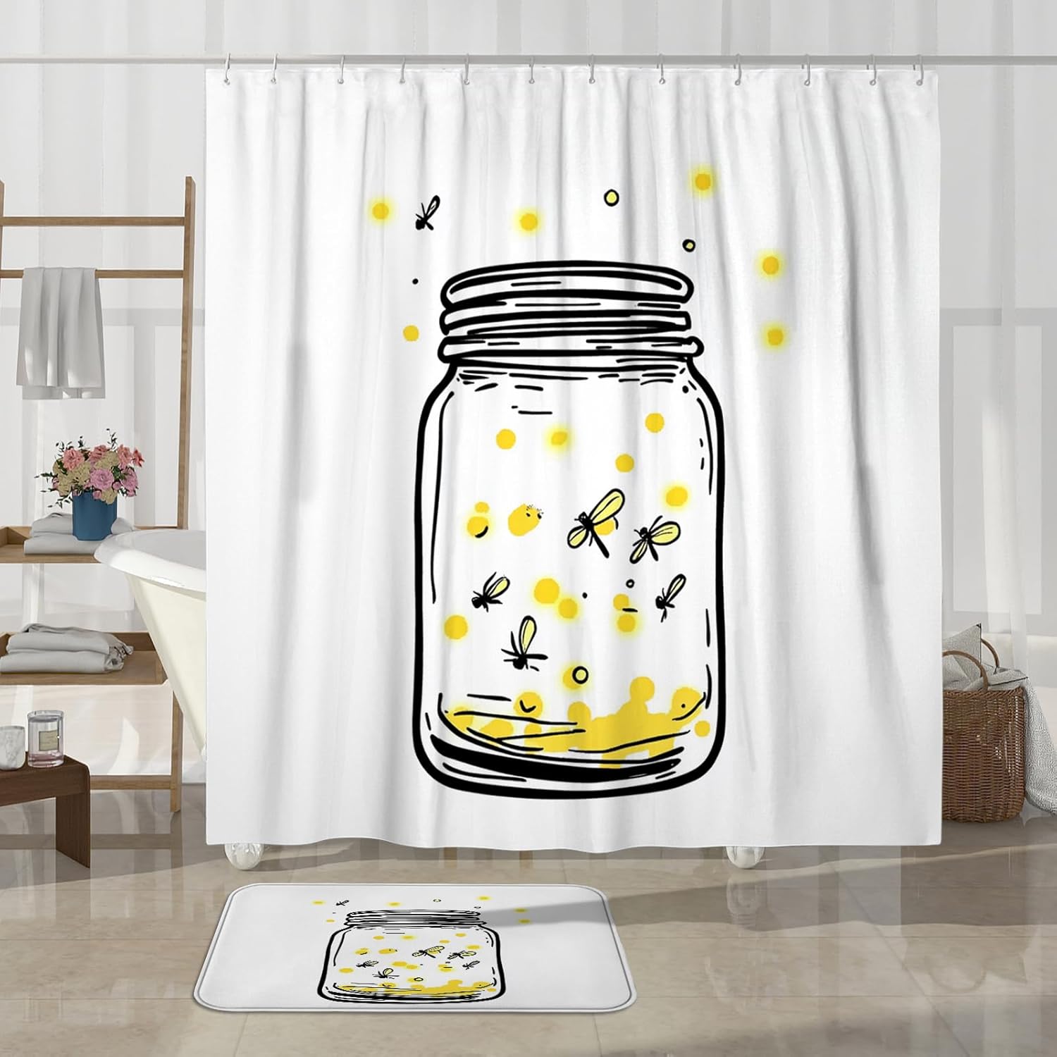 4PCS Kids Watercolor Firefly Bathroom Accessory Sets with Non-Slip Rug, U Shape and Toilet Lid Cover Mat, Funny Cute Insect Bathroom Decorative-72''x72''