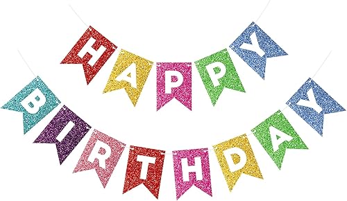 Eaezerav Cartel colorido de cumpleaños con purpurina para niñas y mujeres, guirnalda de cumpleaños multicolor, suministros de decoración de fiesta