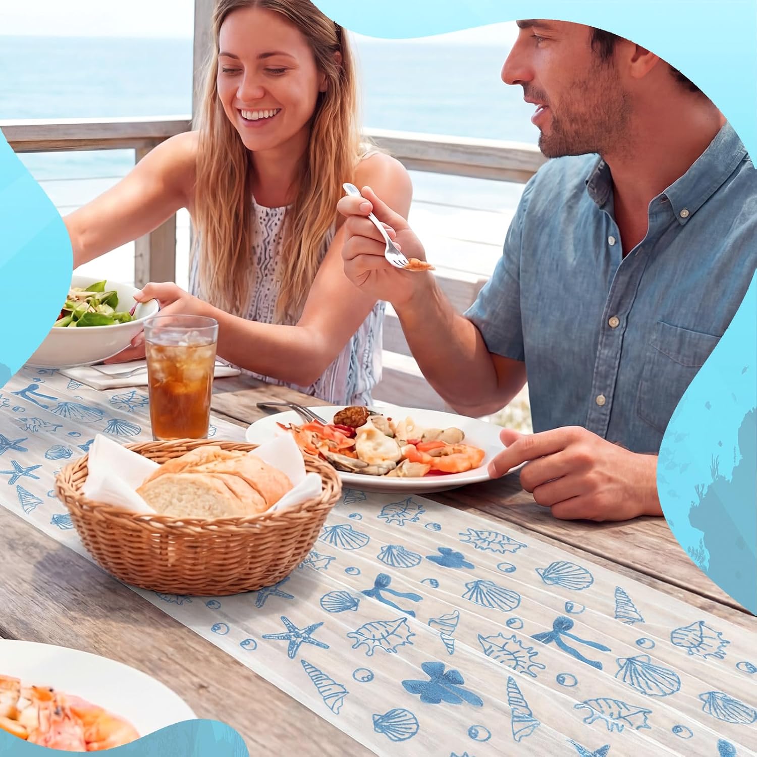 Mindsoft 1 Pcs Coastal Ocean Table Runner 10 Ft/120 Inch Coastal Baby Shower Decorations Seashell Starfish Tulle Lace Table Runner for Birthday Baby Shower Party Wedding Summer Home Decor (Seashell)