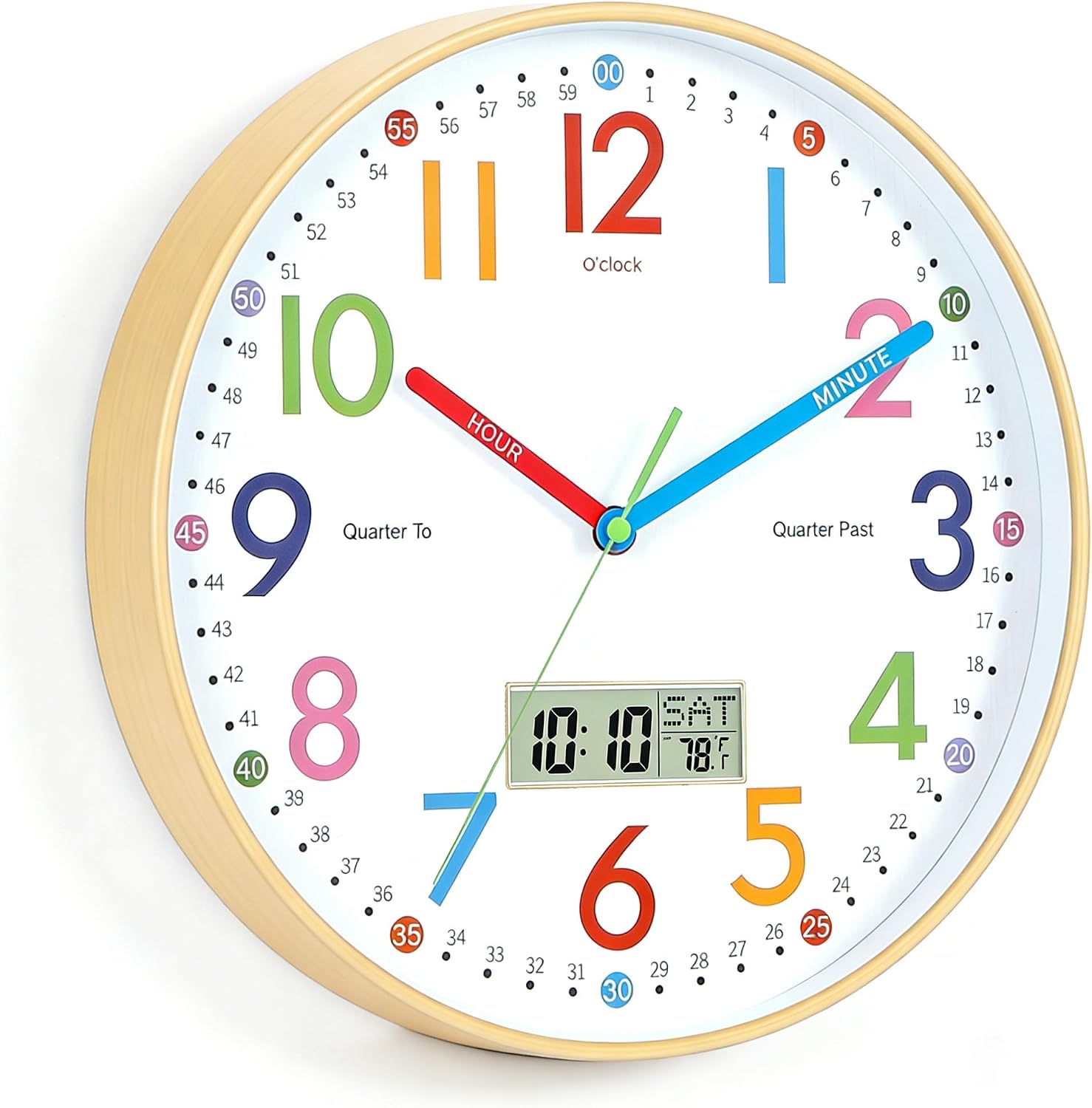 Nbdeal 12 Inch Learning Clock for Kids, Teaching Clock Kids Analog Colorful Bedroom Wall Clock Natural Color with Calendar & Temperature Display ET-H4897
