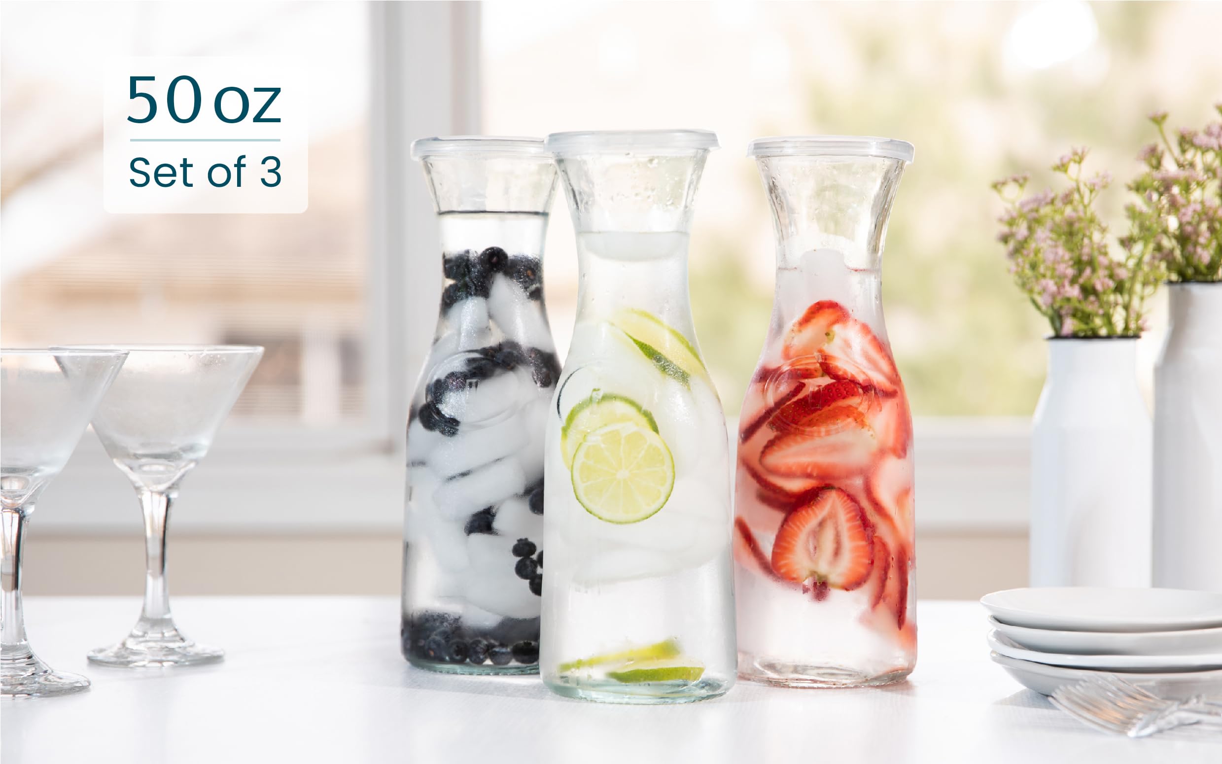 Kook - Jarras de cristal, jarra grande, juego de 3, dispensadores de bebidas, jarras transparentes para mimosas, agua, vino, leche y jugo, con tapas de plástico, 50 onzas, aptas para lavavajillas