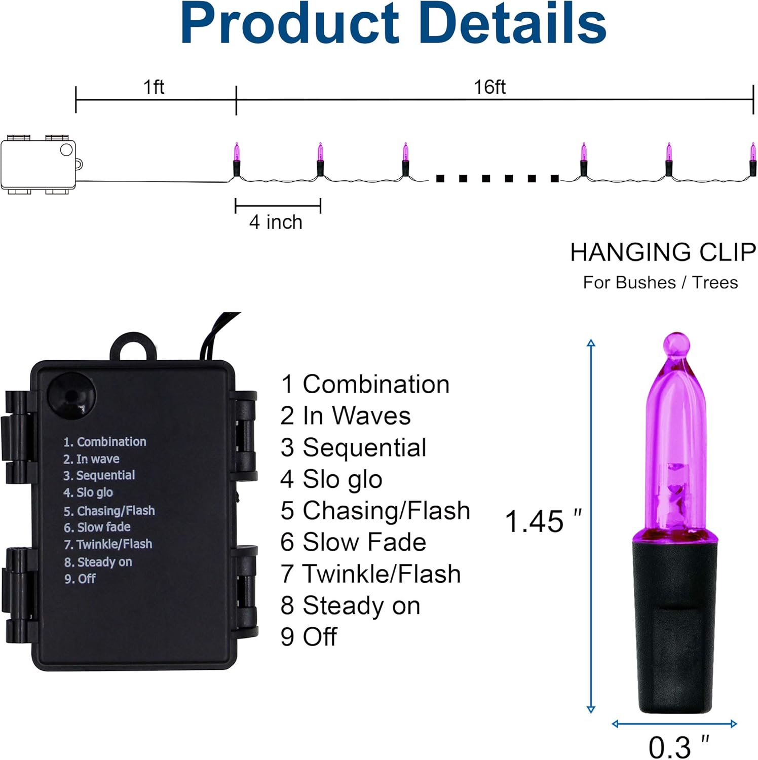 Diagram showing product dimensions and the battery box with a list of 8 lighting modes.