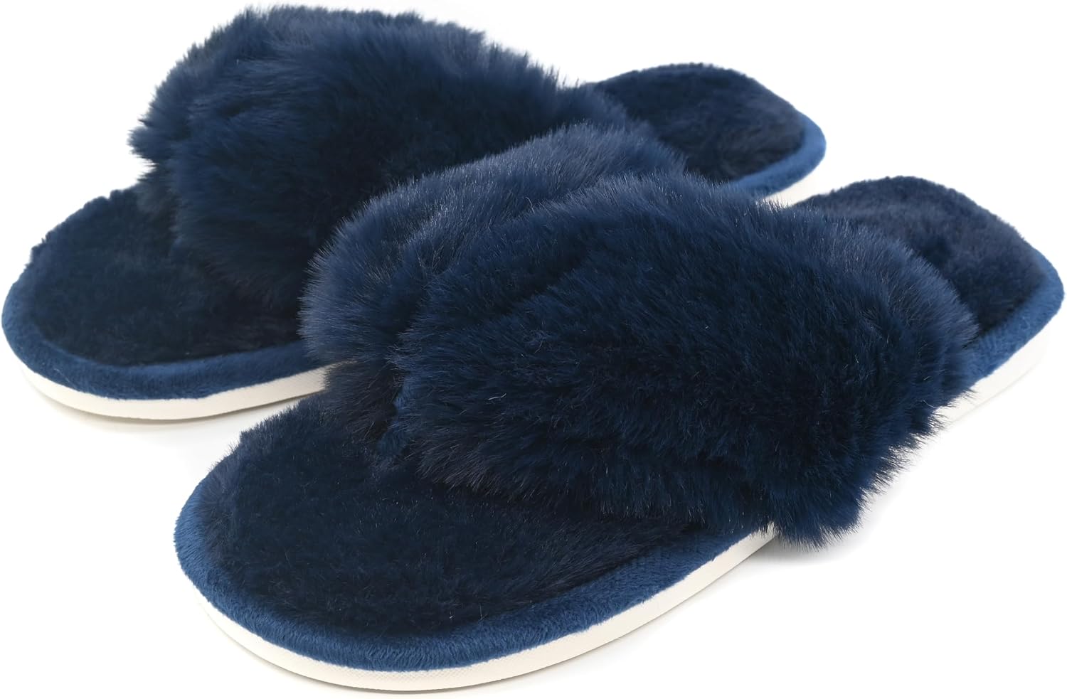 Plush Indoor Flip Flop Thong Slippers for Women Open Toe, Fuzzy Faux Fur Spa House Slippers