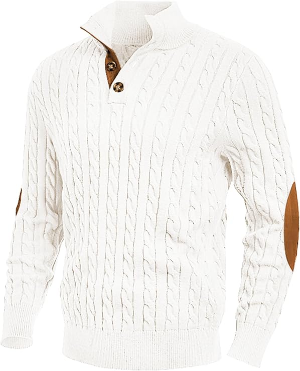 JMIERR Men's Cable Knit Pullover Sweater Casual Long Sleeve Stand Collar Button Knitted Sweaters