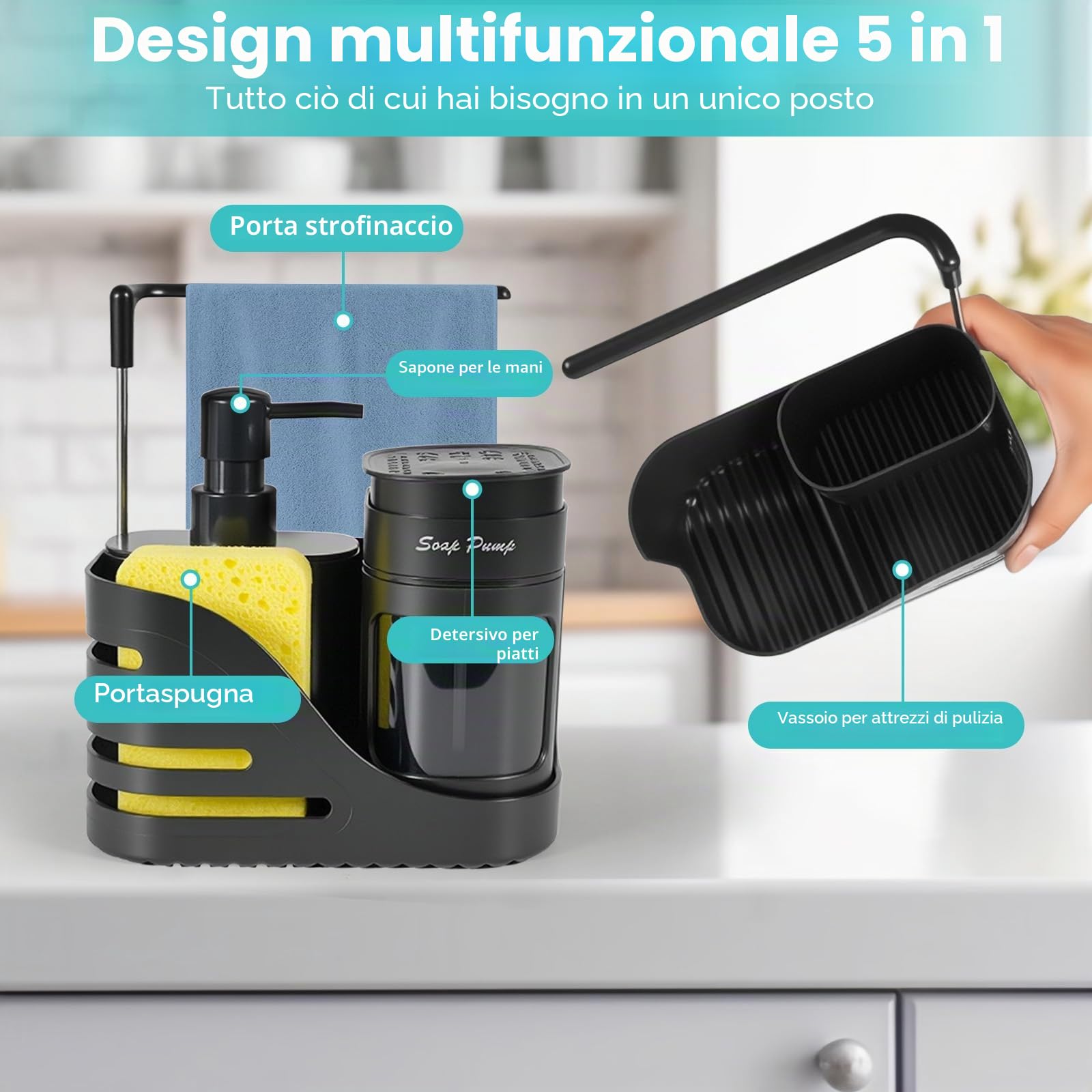 Dispenser di sapone a doppia mano & Dish per lavello da cucina, nero