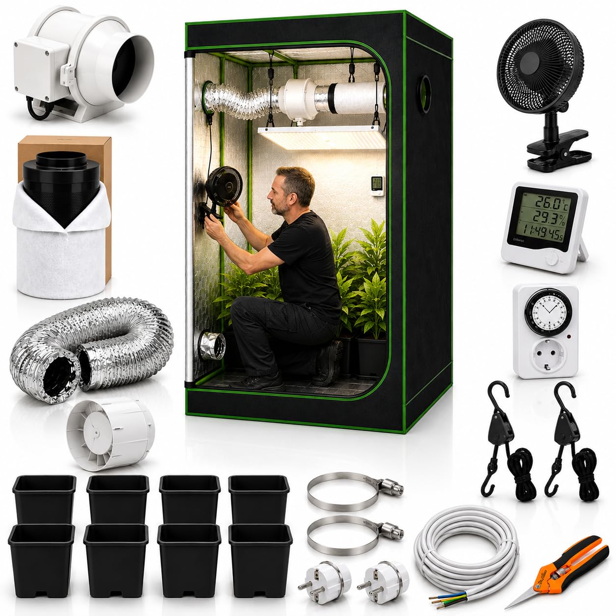 Kit de Cultivo Interior 100x100x200 cm con LED 240W, Armario Grow Completo, Extractor 325 m³/h, Filtro de Carbón, Ventilador, Termohigrómetro, Temporizador, 8 Macetas de 7L, Cultivo Indoor