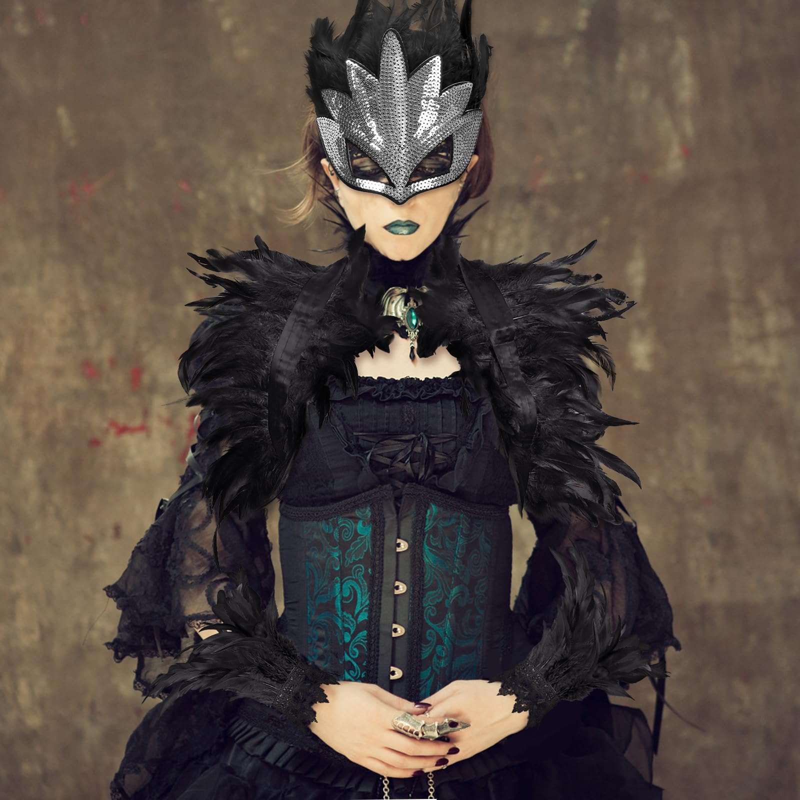 HONMOK 3 Pcs Halloween Black Feather Cape Shawl with Feather Wrist Cuffs Mask, Maleficent Costume for Women, Black Evil Queen Fancy Dress Accessories for Halloween Gothic Crow Black Swan Outfit - Image 3