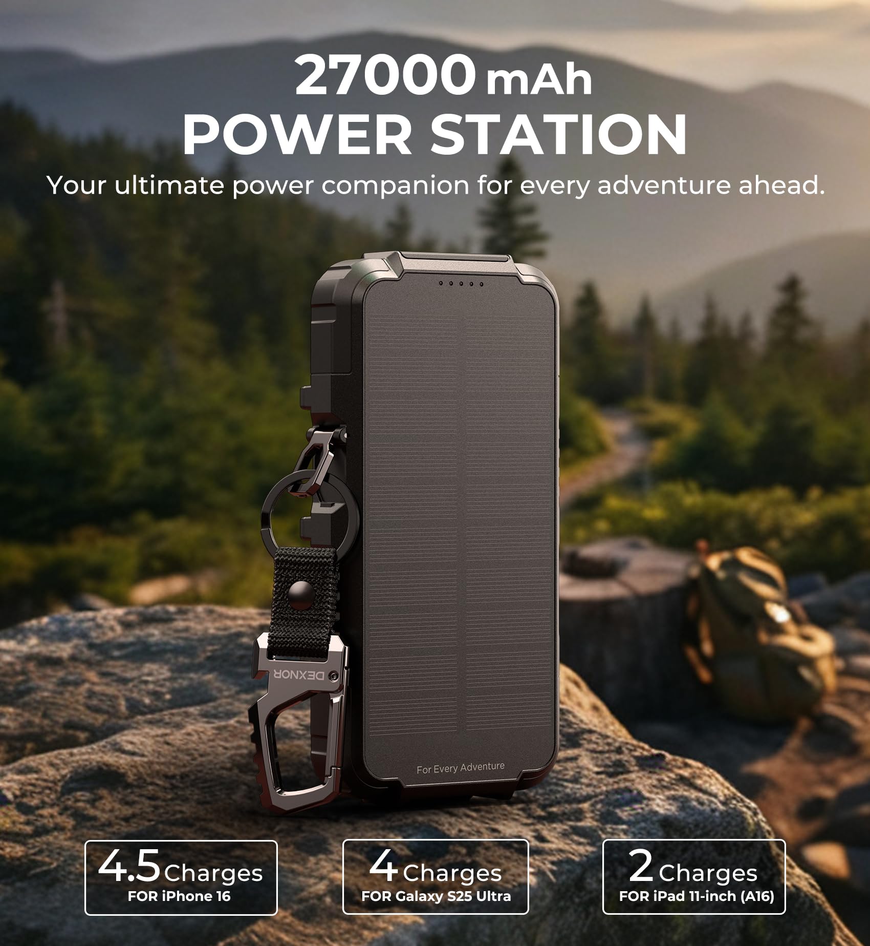 Dexnor Solar Powerbank 27.000 mAh mit 65W PD3.0 & QC3.0 Schnellladung, Tragbarer Externer Akku mit Wireless Charging, Taschenlampe und Karabiner - Kompatibel mit MagSafe & Qi