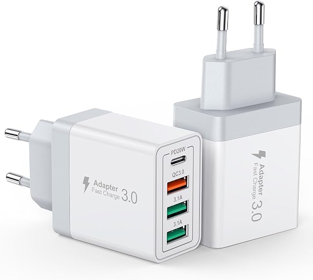 Chargeur USB C 40W, chargeur rapide 4 ports PD+QC adaptateur USB C charge 2 Pack pour iPhone 11/12/13/14/Pro Max, XS/XR/X, iPad, Samsung, Google, tablette, Android, chargeur de téléphone portable