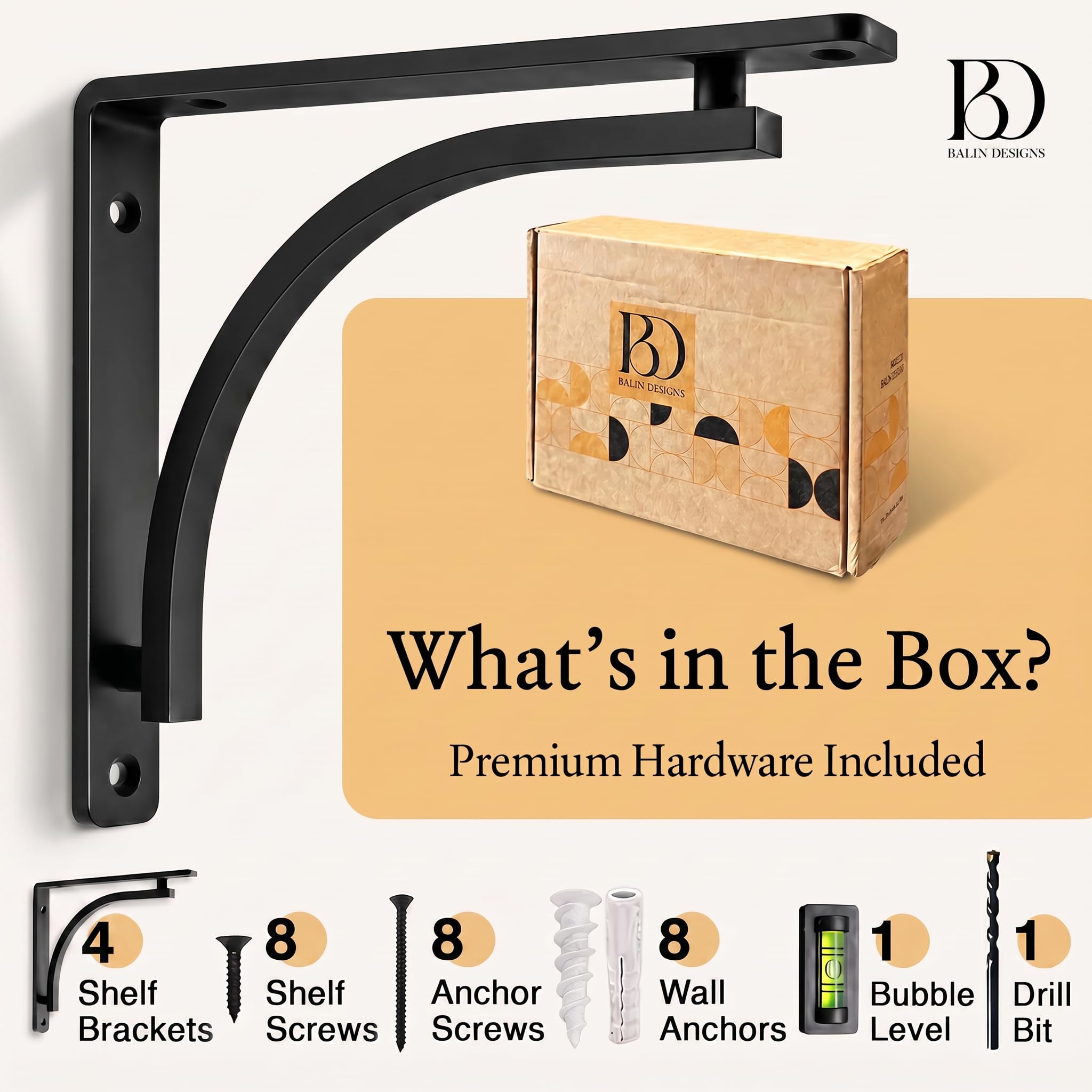 Balin Designs Soporte de estante negro para estantes de 8, 10 y 12 pulgadas, paquete de 4, soportes de estante de metal resistente, soportes en L para estantes, fácil de instalar, estantería interior