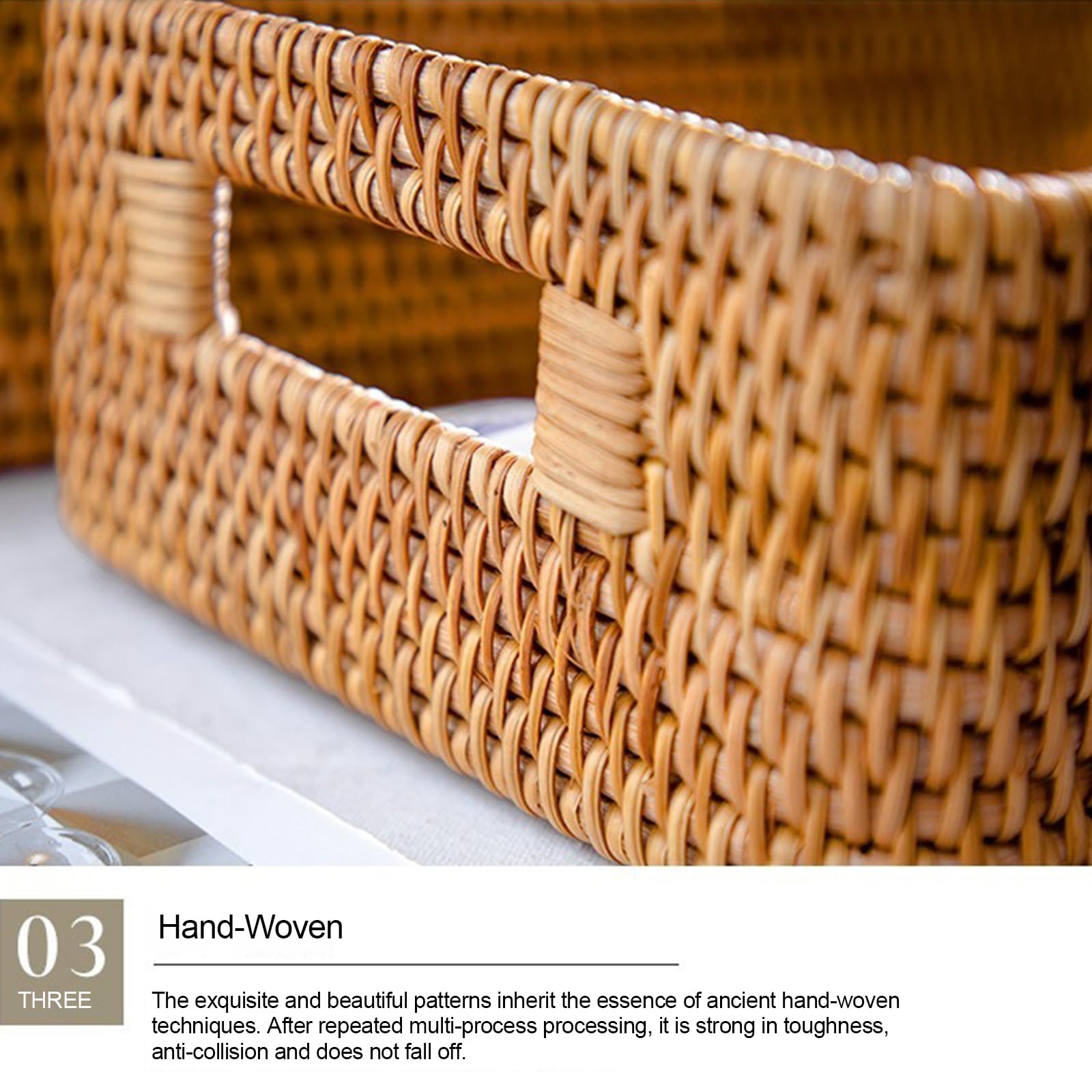 Handgefertigtes Rattan-Serviertablett, rechteckiger Präsentkorb mit Griffen, stapelbare Aufbewahrung für Snacks, Obst, Süßigkeiten, 30 x 20 x 10 cm, natürliches Weiden-Design