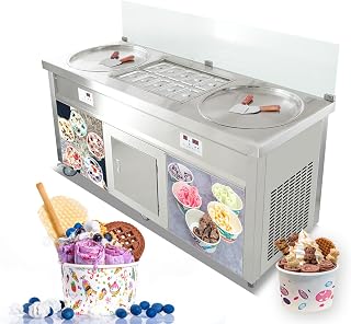Kolice Commercial 22" Double Round Pans Thai Fried Ice Cream Machine Roll Ice Cream Machine-ETL NSF,Smart AI Temperature Control, Full Transparent Sneeze Guard,10 Refrigerated Small Buckets