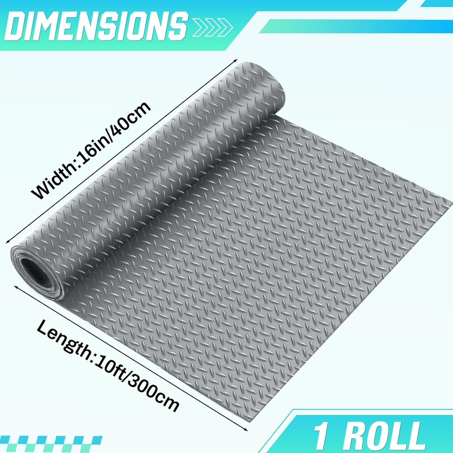 Breling 16 in x 10 ft Rubber Diamond Plate Rolls Garage Floor Mat for Under Car, Heavy Duty Flooring Rug for Trailers Garage, PVC Water/Stain Outside Stall Resistant Parking Rv Tool(Grey)