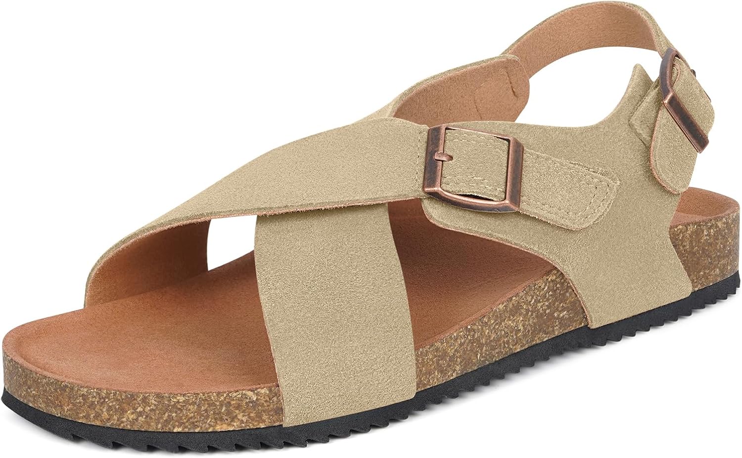 Intini Women’s Cork Footbed Sandals with Arch Support Suede Leather Flat Slides Sandals Comfort Open Toe Slip On Shoes for Outdoor Summer Adjustable Buckle & Crisscross Band