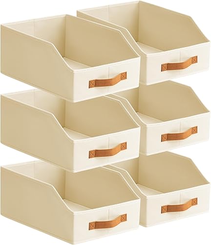 Contenedores de almacenamiento de tela para organizar, paquete de 6 cajas de almacenamiento grandes trapezoidales plegables con asa frontal,